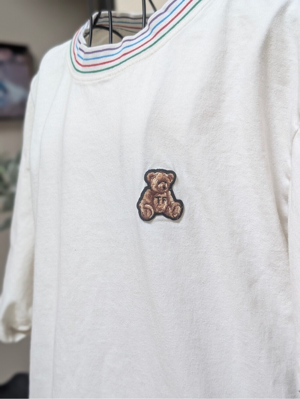 Teddy Fresh White Cotton T-Shirt with Multicolor Striped Collar and Teddy Bear